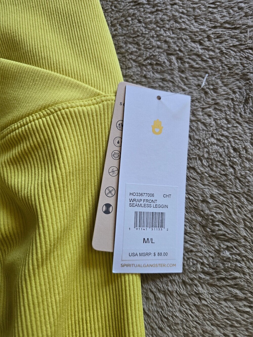 Spiritual Gangster Wrap Front Seamless Ribbed Leggings Bright Yellow Size M/L - Picture 6 of 10